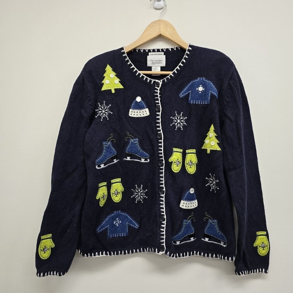 VTG Christopher Banks Hand Embroidered Cardigan Sweater Sz M Winter Gloves Hats